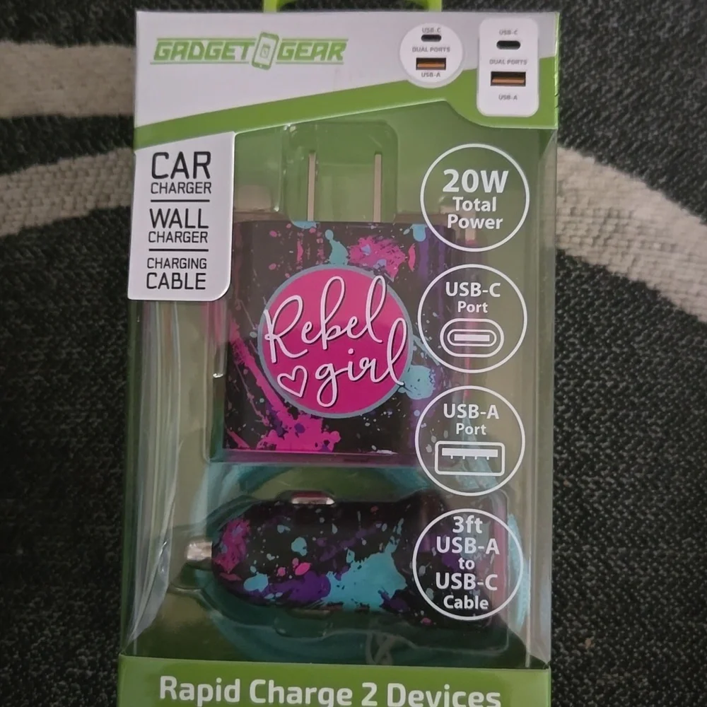 Gadget Gear Rebel Girl Car Wall Cable Charger usb-c usb -a 3ft cable 20 watt